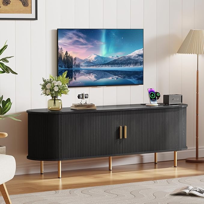 DHH 63 Inch Mid Century Modern TV Stand with Power Outlet for TVs up to 70 Inch, Entertainment Center with Storage and Adjustable Shelves, Media Console with Sliding Doors for Living Room(Black)