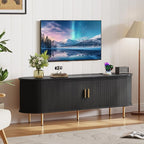 DHH 63 Inch Mid Century Modern TV Stand with Power Outlet for TVs up to 70 Inch, Entertainment Center with Storage and Adjustable Shelves, Media Console with Sliding Doors for Living Room(Black)