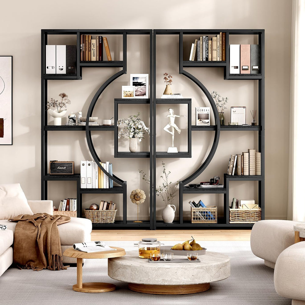 LGHM Bookshelf Set of 2 with Metal Frame, 5 Tier Geometric Bookcase, Adjustab...