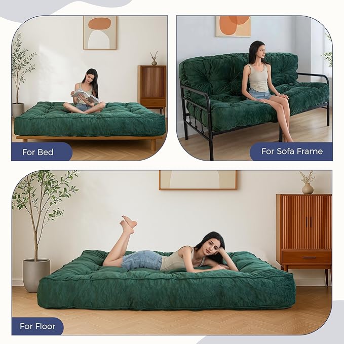MAXYOYO 8" Futon Mattress, Full Size Extra Thick Futons Sofa Couch Bed for Adults, Velvet Floor Mattress Shredded Foam Filling (Frame Not Included)