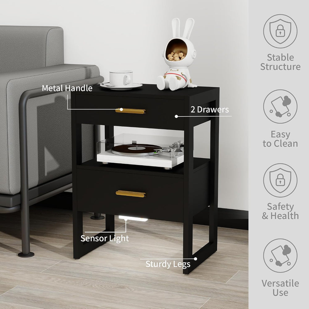 Wooden Nightstands Set of 2 with Motion Sensor Light & Storage Drawer, Mo...