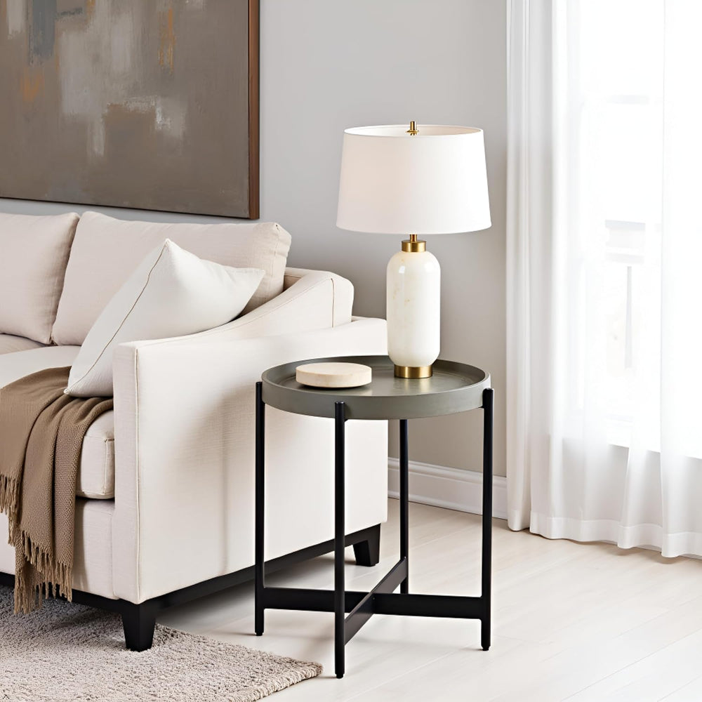 Brookline 20-Inch Round Wood End Table with Concrete Coating and Powder-Coate...
