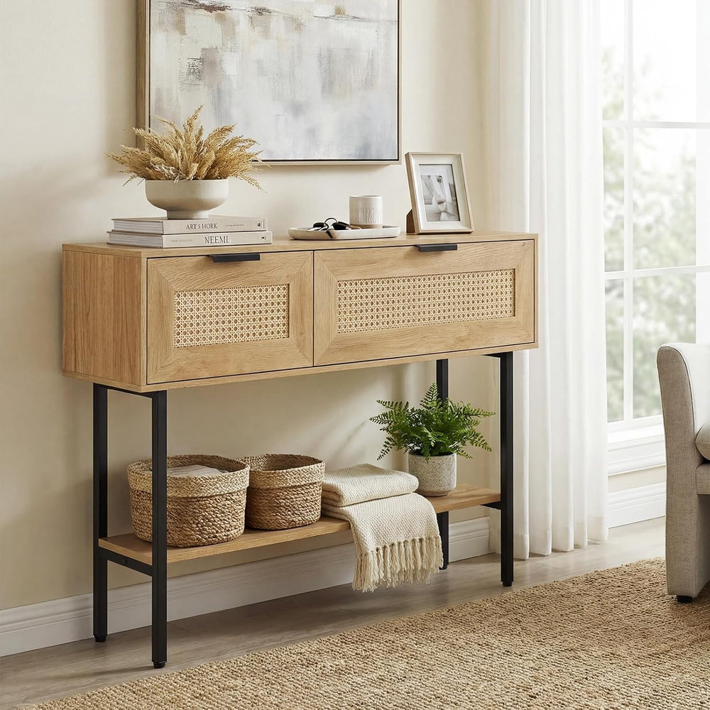 GIANTEX Rattan Console Table with Storage, 40" Long Boho Entryway Table ...