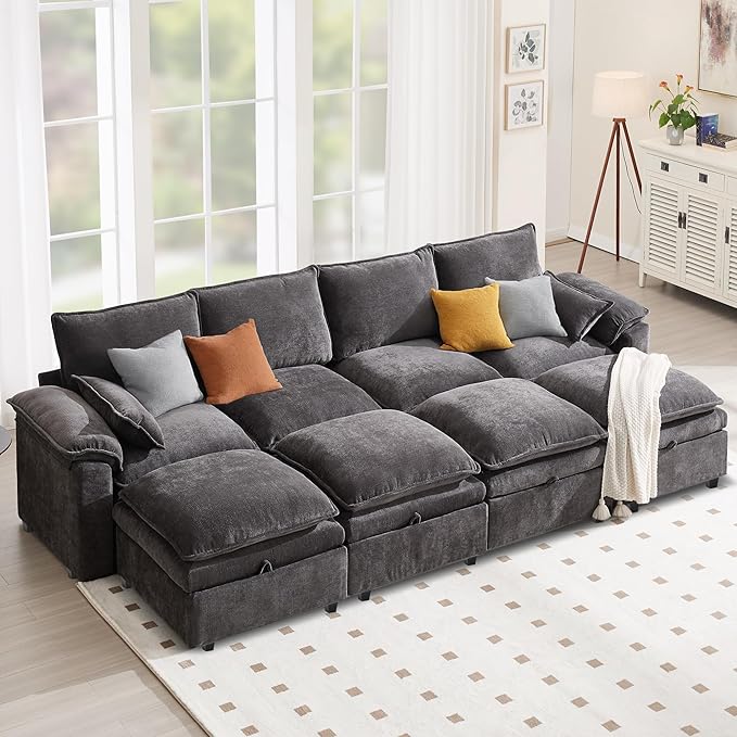 130" U Shaped Modular Sectional Sofa, Couch with Ottoman Storage, Chenille Cloud Couch with Plush Deep Seating for Living Room, Bedroom (Grey, 8 Seat)