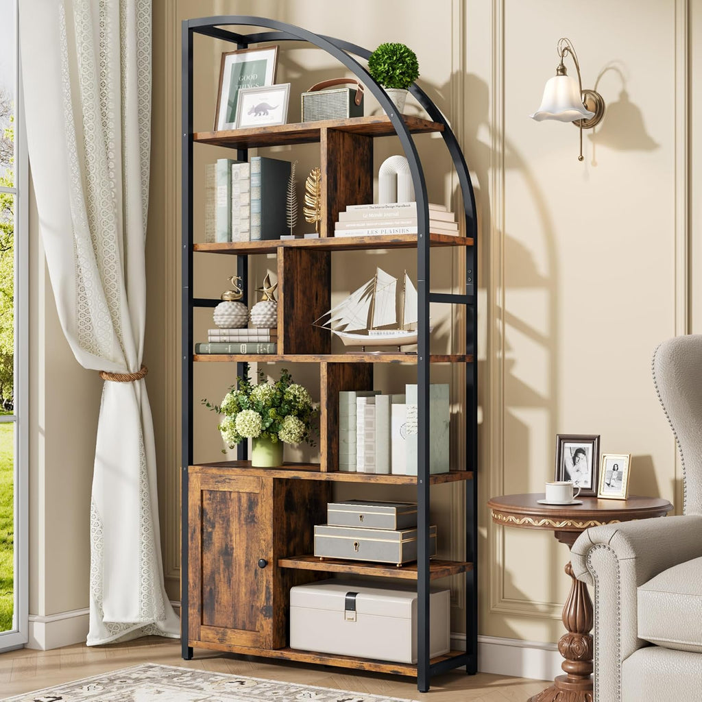 Jehiatek 71" Arc Gold Bookshelf with Storage Cabinet, Tall 6 Tiers Industrial Bookcase with Sturdy Metal Frame, Geometric Book Shelf for Lving Room, Home Office, Black and Brown