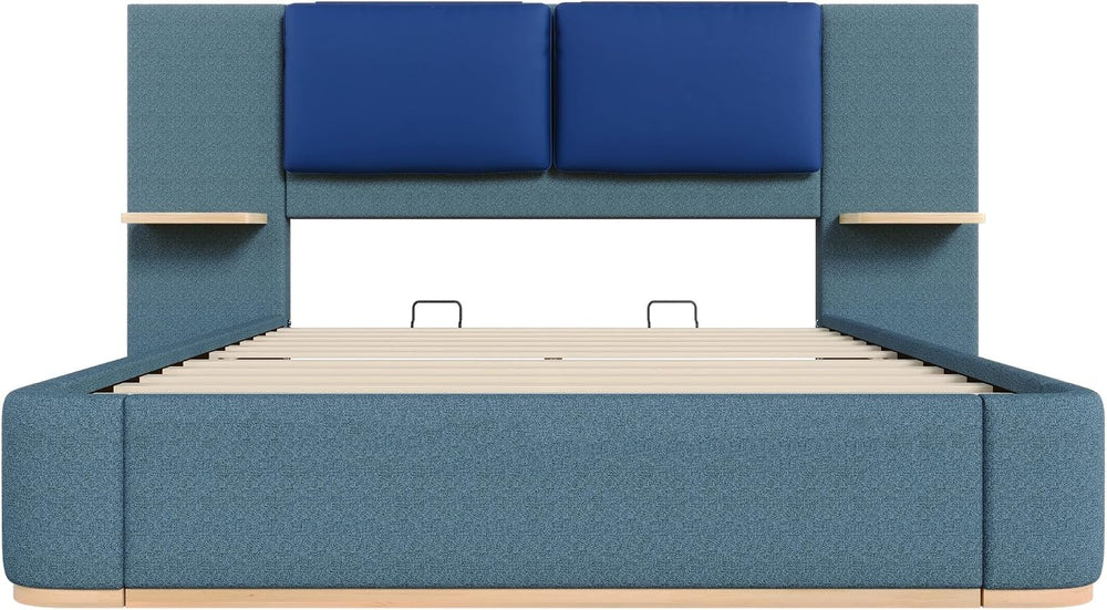 Peanu Queen Bed Frame, Upholstered Panel Headboard, Blue Finish
