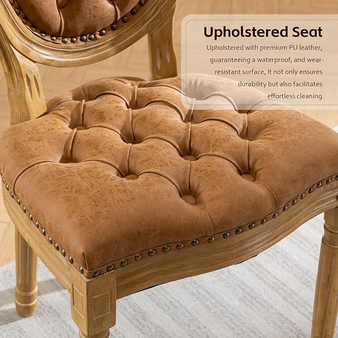 PU Leather Upholstered Dining Chairs Set of 6 French Country Round Back Kitchen Side Chairs with Nailhead Trim and Wood Legs for Dining Room, Kitchen, Restaurant(Orange)