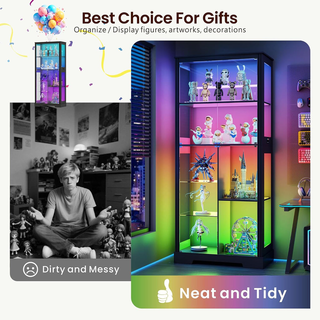 Lvifur 71” Glass Display Cabinet with RGB Light for Collectibles - Black | 4mm Tempered Glass Doors, 7-Tiers Large Storage Capacity, Human Sensor, 12 Color Adsjutable Lights, 7 Shelves, Lockable Door