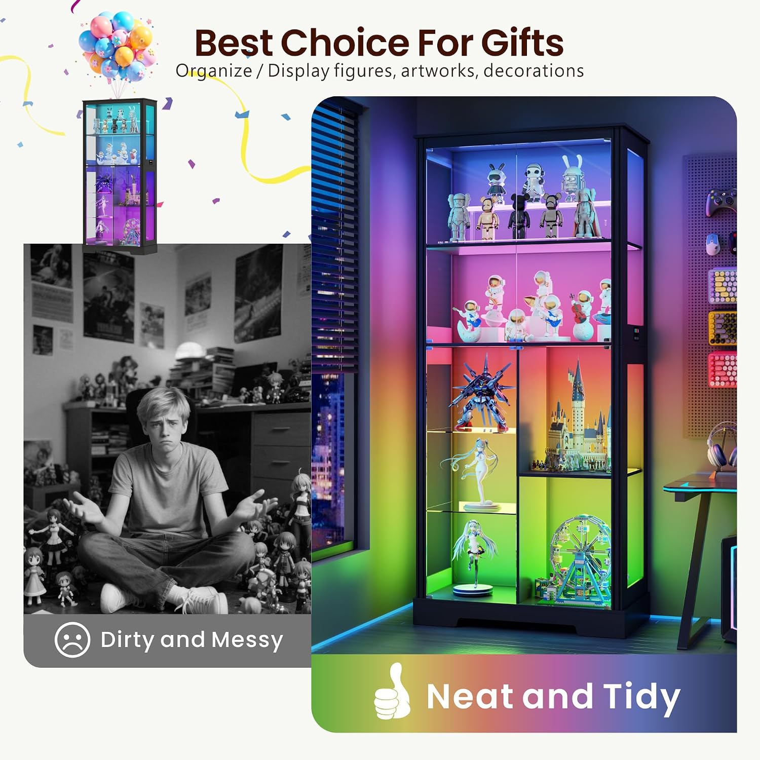 Lvifur 71” Glass Display Cabinet with RGB Light for Collectibles - Black | 4mm Tempered Glass Doors, 7-Tiers Large Storage Capacity, Human Sensor, 12 Color Adsjutable Lights, 7 Shelves, Lockable Door
