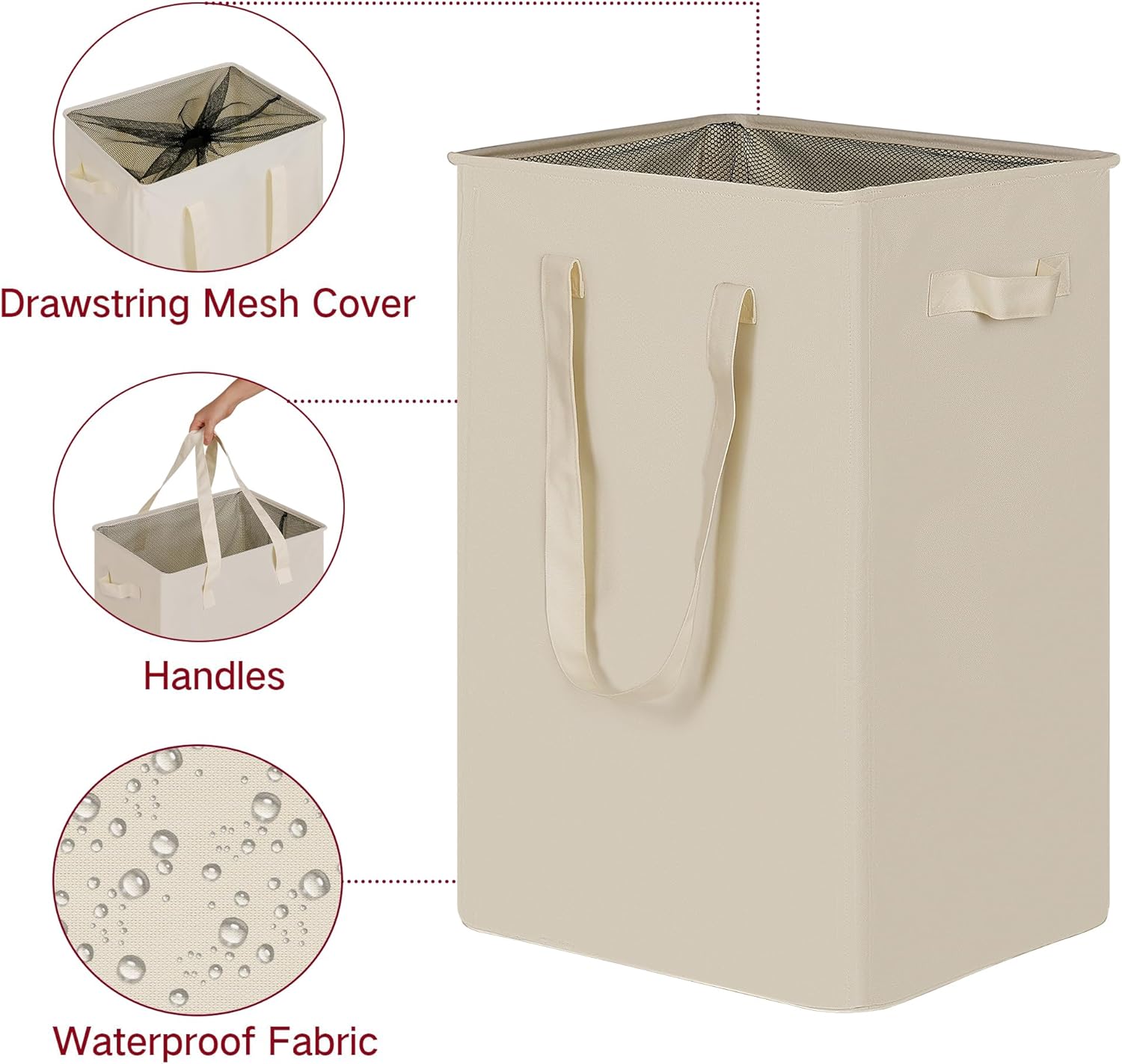 efluky Slim Laundry Basket, Narrow Laundry Hamper with Handles, Collapsible Dirty Clothes Hamper, Tall Laundry Bin for Laundry Room, Dorm and Bedroom, 90L Beige