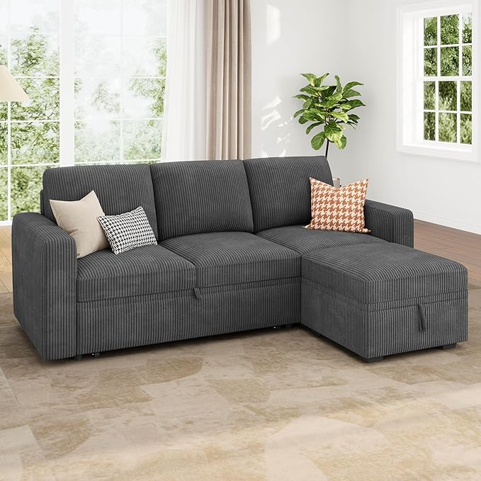 HONBAY Modular Sectional Sleeper Sofa with Pull Out Bed, L Shaped Sofa with Storage, Modular Sectional Couches for Living Room, Dark Grey