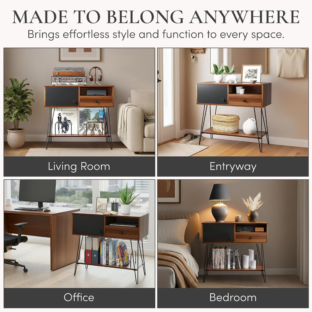 Large Record Player Stand with Vinyl Storage Holds Up to 200 Albums - Mid-Cen...