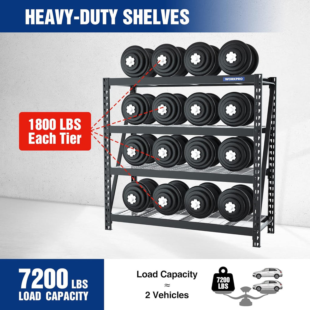 WORKPRO 68" Ultra Wide 4-Tier Metal Garage Shelving Unit, 68"W x 24"D x 65"H, 7200 LBS Capacity, Heavy Duty Storage Utility Rack, Industrial Adjustable Shelves for Shop Warehouse Basement, Pack of 10