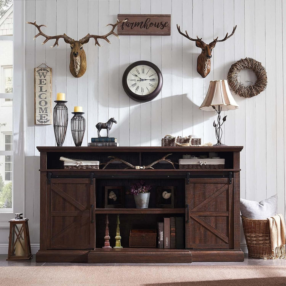IFGET Farmhouse 80/75 inch TV Stand, 37.4" Tall Entertainment Center, Br...