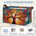 Tree of Life Storage Basket with Handles,Colorful Collapsible Rectangle Organizer Bin for Room Decoration Books Box Baskets 17x11.5x10Inch