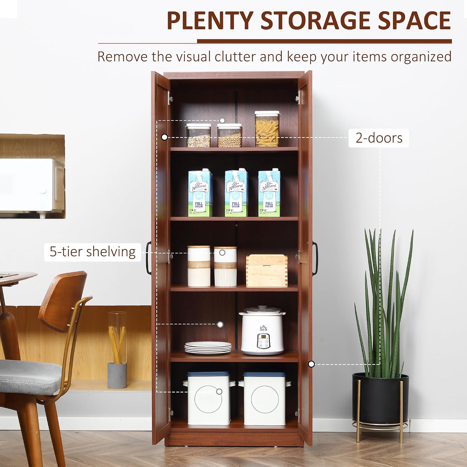 63" 2-Door Kitchen Pantry,Freestanding Storage Cabinet with 5-Tier Shelving and 2 Adjustable Shelves for Dining Room,Brown