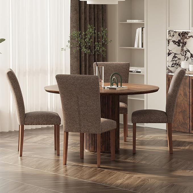 Stylish Dining Chairs Set of 4, Upholstered Parsons Dining Room Chair with Nailhead Trim, Kitchen Room Chair with Thick Cushions and Wood Legs, Nailhead Trim, Brown