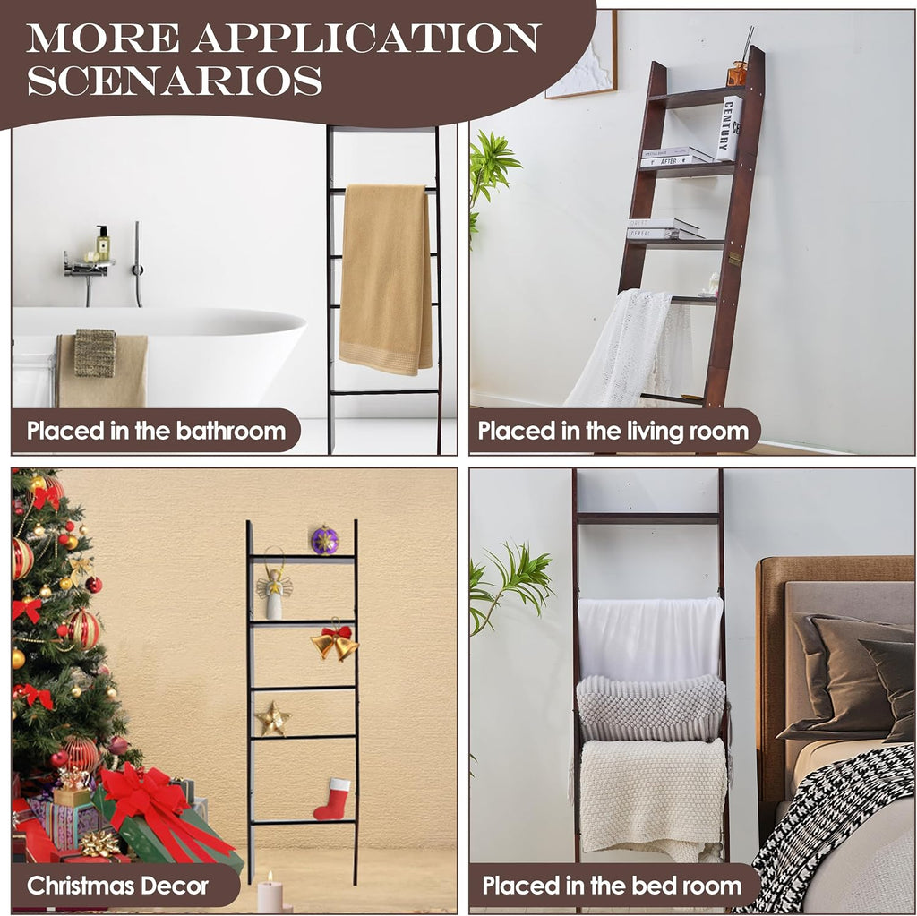 XUNIQUE 5-Tier Blanket Ladder for The Living Room, 4.8 FT Anti-Slip Decorative Ladder Shelf Leaning Quilt Rack, Lightweight, Easy Assemble, Wooden Blanket Rack (Brown)