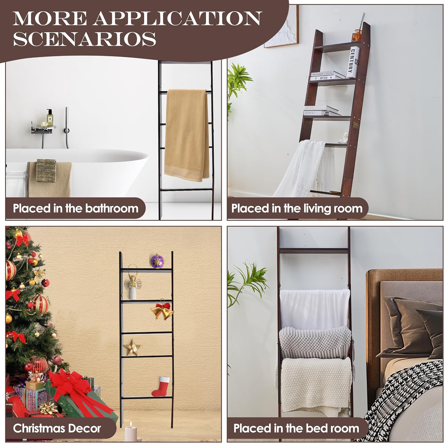 XUNIQUE 5-Tier Blanket Ladder for The Living Room, 4.8 FT Anti-Slip Decorative Ladder Shelf Leaning Quilt Rack, Lightweight, Easy Assemble, Wooden Blanket Rack (Brown)