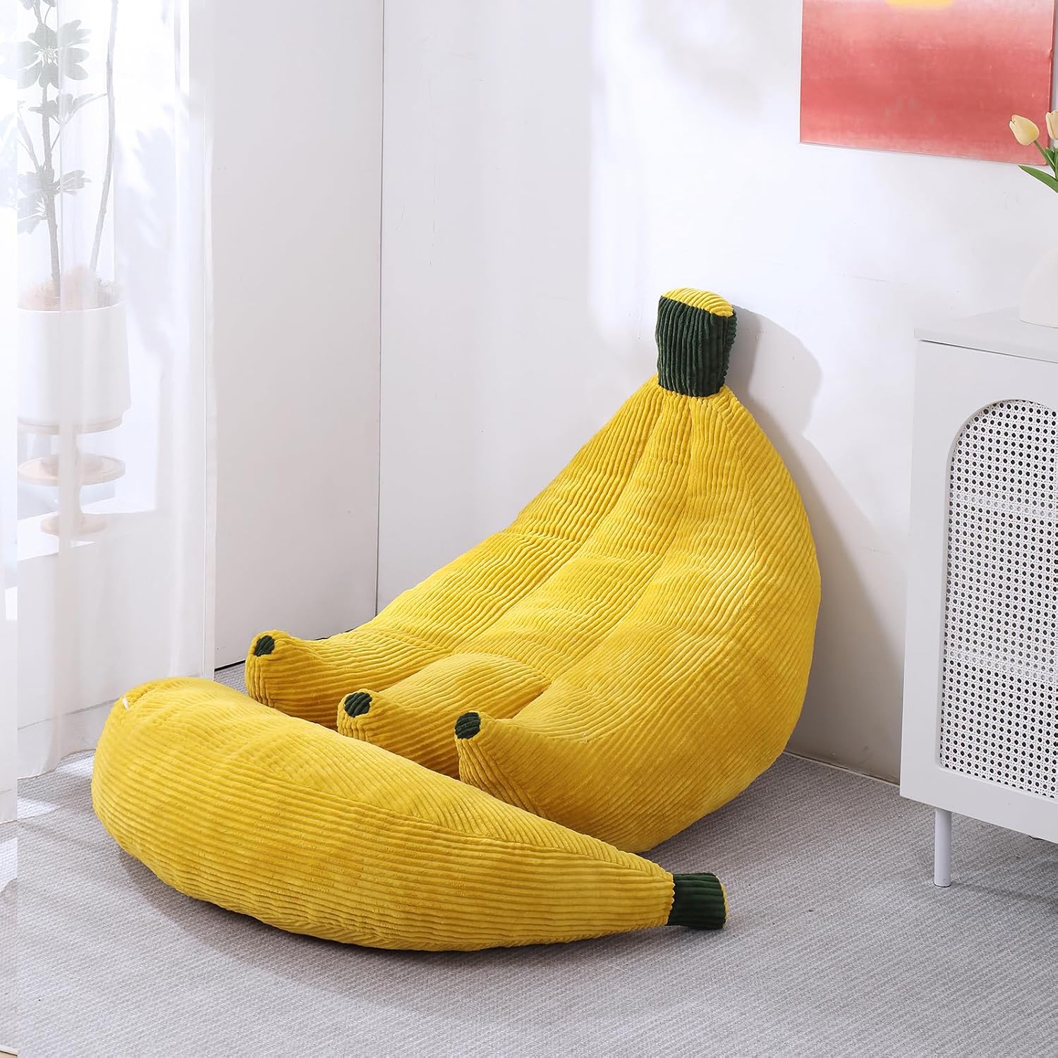 Banana Chaise Lounge Sofa Chair for Living Room, Bean Bag Chair with Ottoman, Floor Sofa Bed with Footrest, Comfy Convertible Lounger, Plush Couch for Bedroom, Dorm (Yellow, Queen)