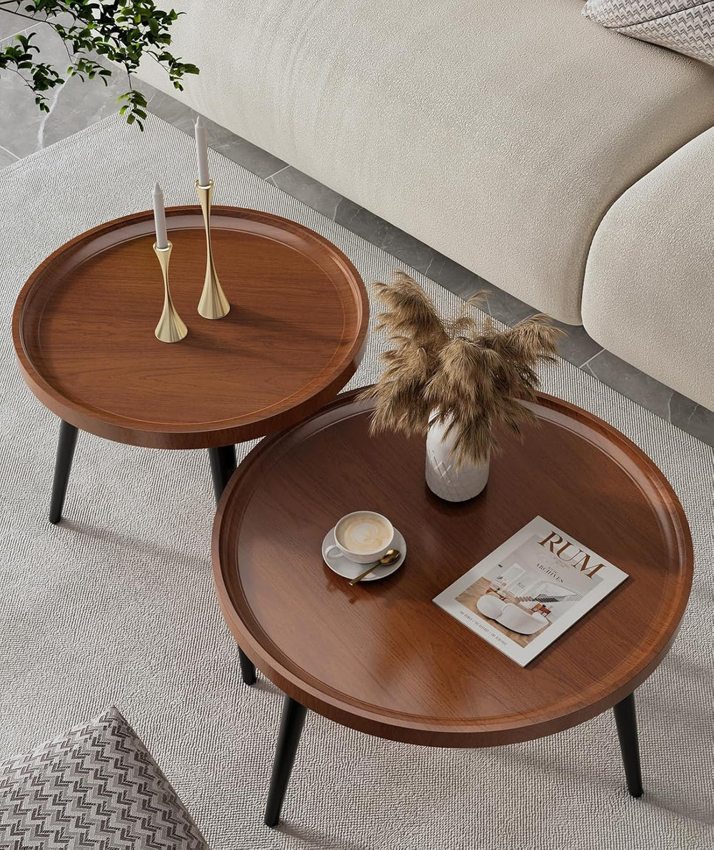 2-Piece Walnut Coffee Table,Durable Mid Century Small Round Coffee Tables for...