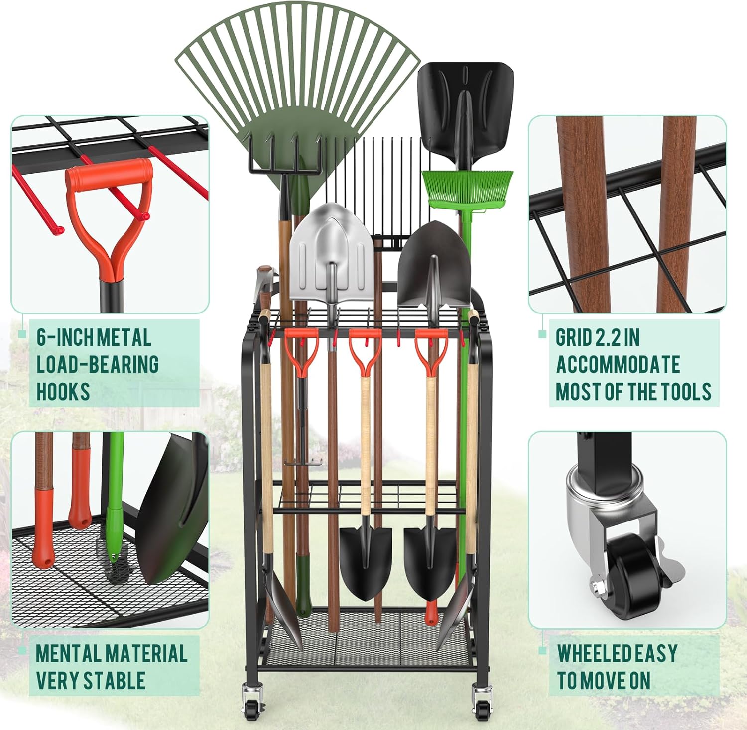 Trieez Garden Tool Organizer for Garage, Yard Tool Organizer with Wheels for Garage Organization and Storage - Sturdy Yard Tool Holder Tool Rack, for Shed, Outdoor, Tool Stand