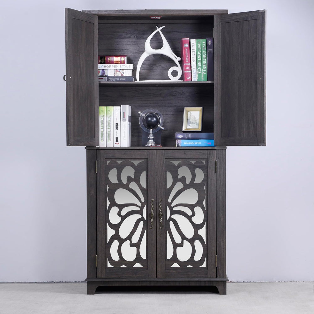 JIJIWANG Kitchen Pantry Storage Cabinet with Acrylic Mirrored Doors,Large Sid...
