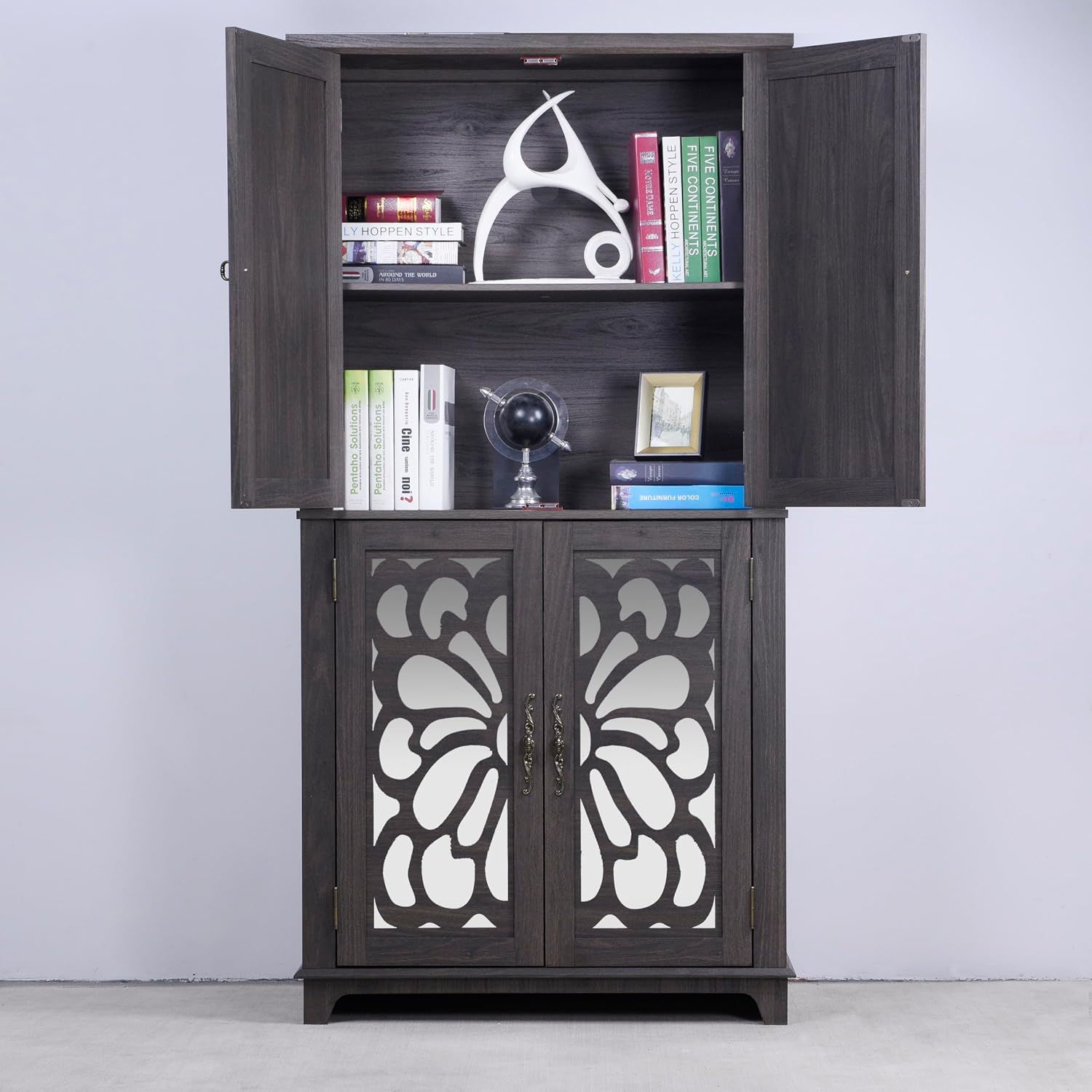 JIJIWANG Kitchen Pantry Storage Cabinet with Acrylic Mirrored Doors,Large Sideboard Buffet with Adjustable Interior Shelf,for Dining Room, Living Room, Hallway,Brown