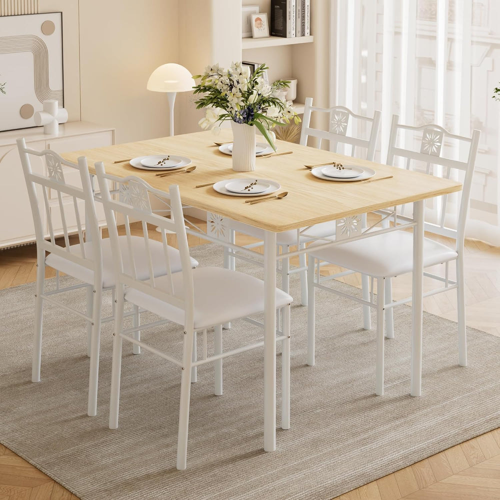 VECELO Dining Table Set for 4, 5-Piece Wood Kitchen Table with Upholstered Pa...