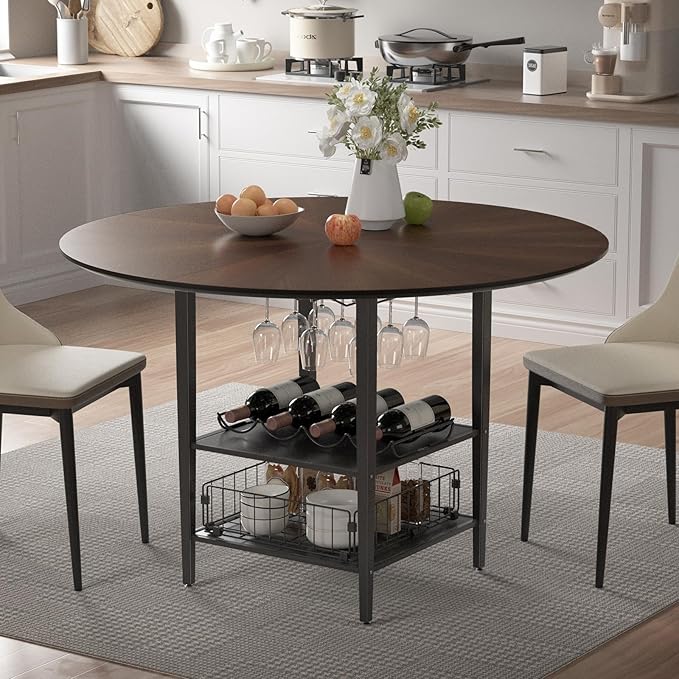 VFK 47" Round Dining Table Set with Storage Steel Legs & Sunburst Design, 5-Piece Modern Wooden Kitchen Set for 4-6 People, Includes 4 Comfortable Chairs for Dining Room, Living Room or Kitchen