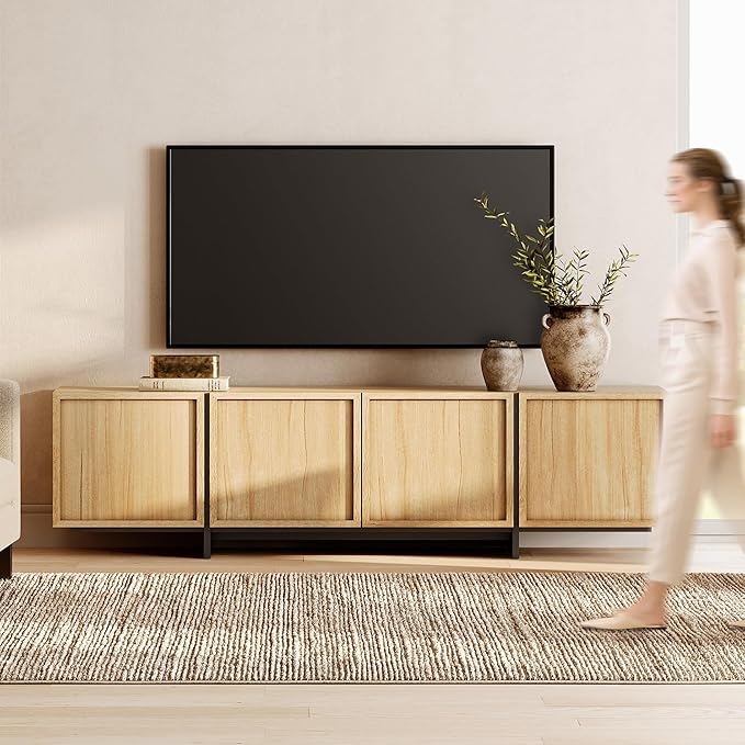 WAMPAT Modern TV Stand for 32-75 inch TVs, Wood Entertainment Center with Storage Cabinets, Media TV Console Table for Living Room, Oak