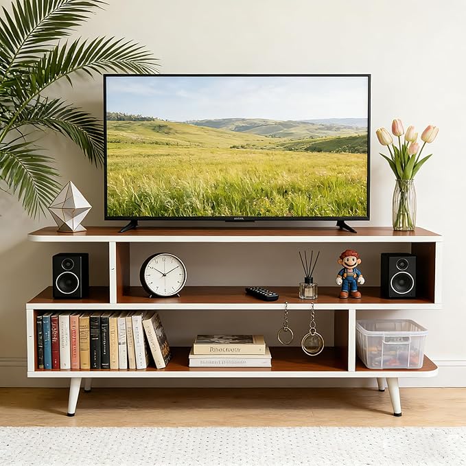 Lightdot TV Stand for TVs up to 45'', Modern Entertainment Center with 3 Storage Open Large Capacity for Collection, Media Console Table for Living Room/Entrance/Sofa Cabinet,Easy Assembly-Red Walnut