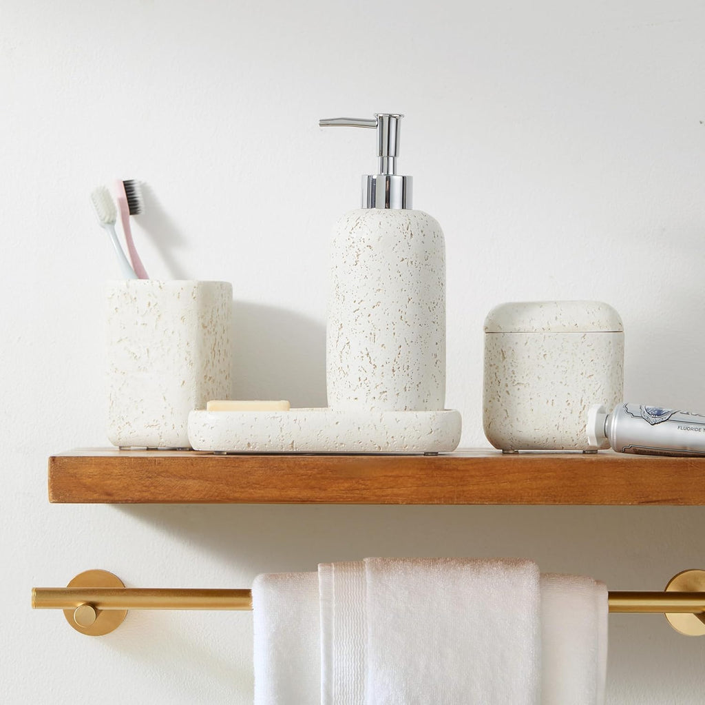 4-Pieces Bathroom Accessory Set Hight Quality Polyresin Ensemble-Lotion Dispenser/Toothbrush Holder/Cotton Jar/Soap Dish, Cream Color