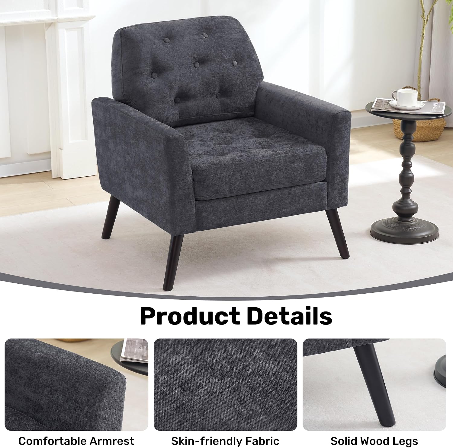 Accent Chair for Living Room, Mid Century Modern Reading Chair, Upholstered Armchair with Tufted Back & Wood Legs, Single Sofa Side Chair for Bedroom Small Room Office Apartment, Dark Grey