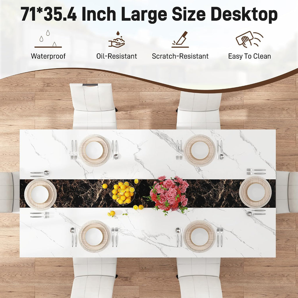 7-Piece Dining Table Set for 4 6 People, 71" Large Long Wooden Kitchen Table with 6 Cushion Chairs W/Waterproof Tabletop, Farmhouse Rectangular Dinner Table for Dining Room,Kitchen,Easy Clean