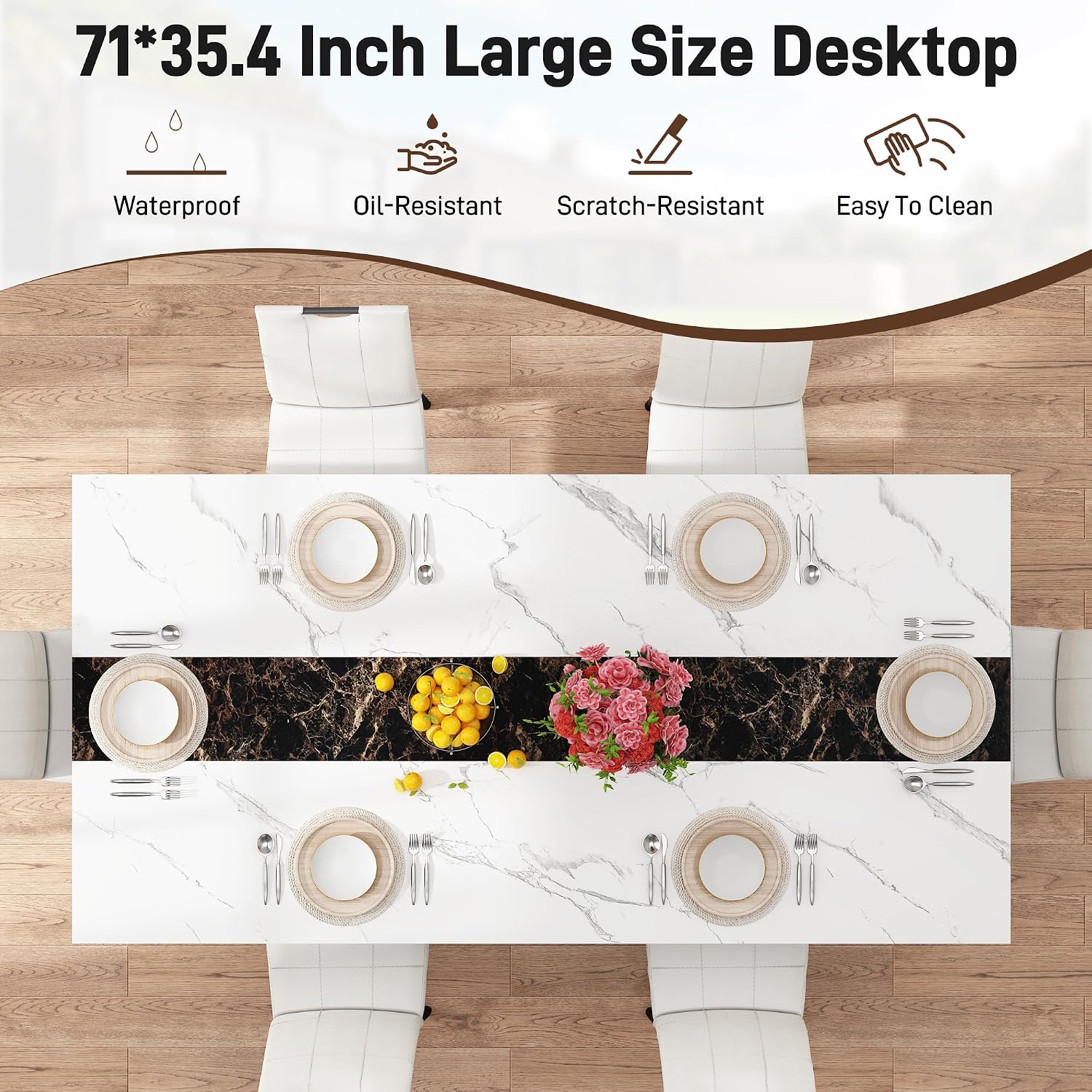 7-Piece Dining Table Set for 4 6 People, 71" Large Long Wooden Kitchen Table with 6 Cushion Chairs W/Waterproof Tabletop, Farmhouse Rectangular Dinner Table for Dining Room,Kitchen,Easy Clean