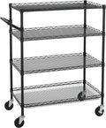 Finnhomy 4 Tier Heavy Duty Commercial Grade Rolling Cart with Handle Bar, Metal Wire Utility Cart with Wheels, Service Trolley on Wheels, Shelf Size 18" D x 36" W, NSF, Black