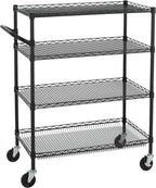 Finnhomy 4 Tier Heavy Duty Commercial Grade Rolling Cart with Handle Bar, Metal Wire Utility Cart with Wheels, Service Trolley on Wheels, Shelf Size 18" D x 36" W, NSF, Black