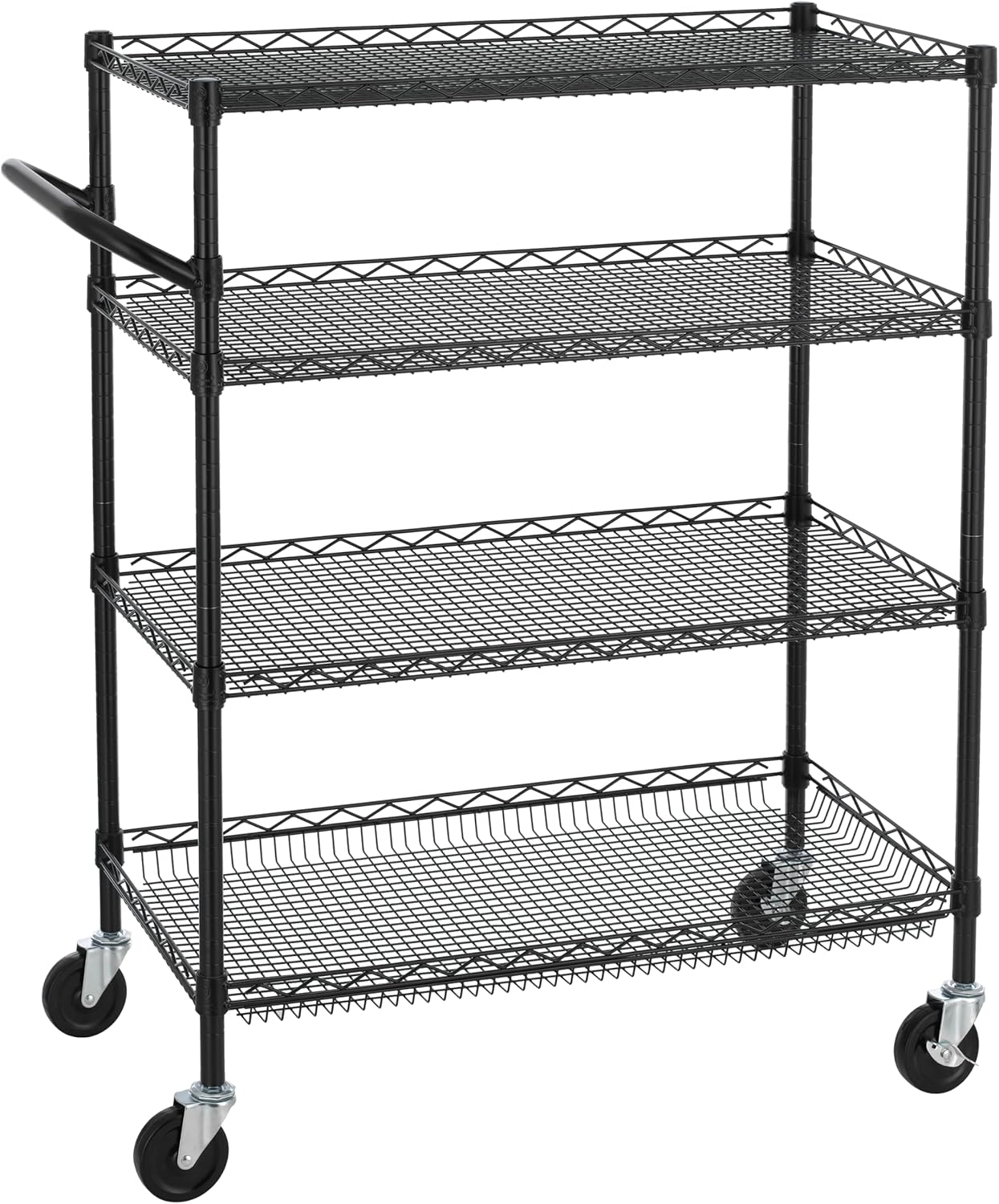 Finnhomy 4 Tier Heavy Duty Commercial Grade Rolling Cart with Handle Bar, Metal Wire Utility Cart with Wheels, Service Trolley on Wheels, Shelf Size 18" D x 36" W, NSF, Black