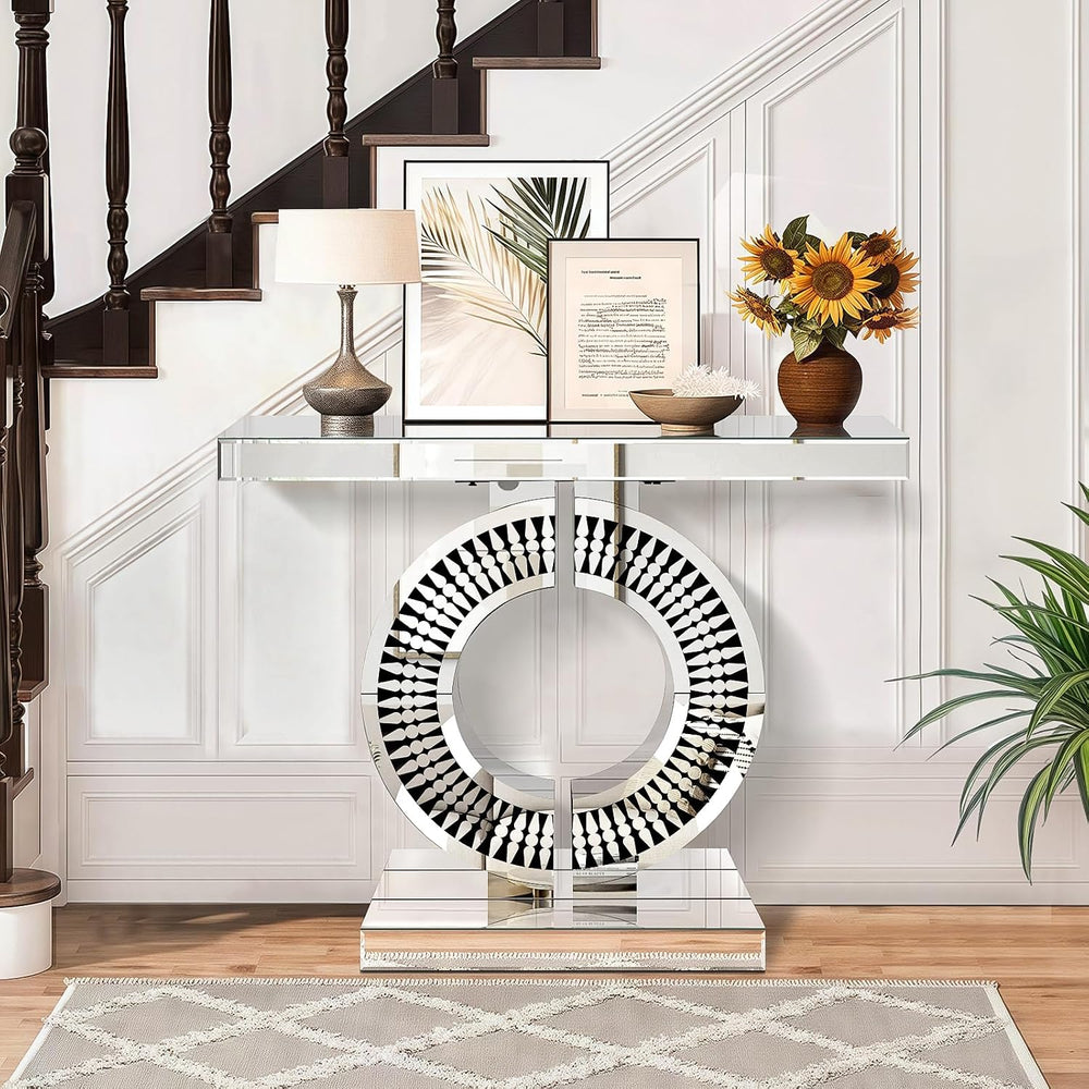 Silver Mirrored Console Table with Crystal Inlay, 39.4'' Long Entrywa...