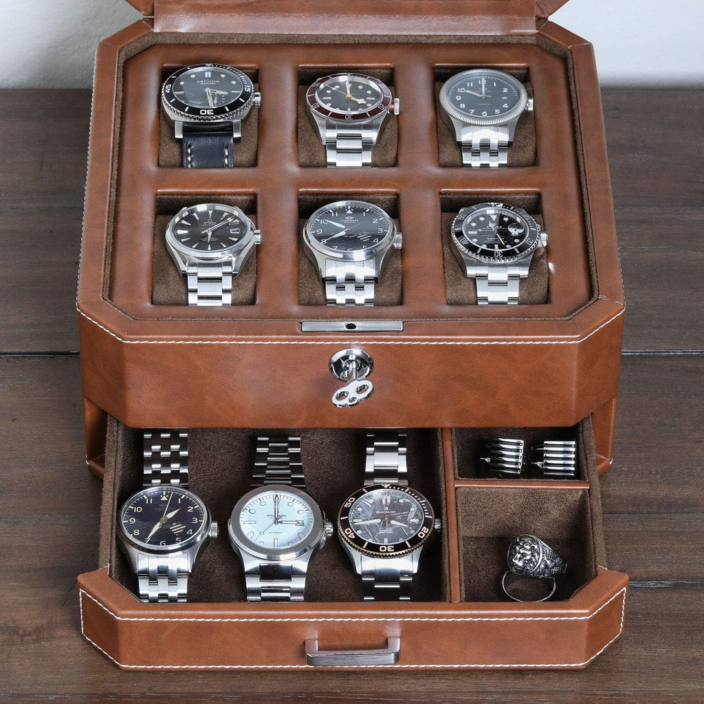 ROTHWELL 6 Slot Leather Watch Box with Valet Drawer - Luxury Case Display Organizer, Microsuede Liner, Locking Mens Jewelry Watches Holder, Men's Watch Storage Large Glass Top (Tan/Brown)