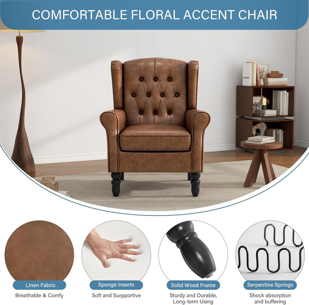 PU Leahter Wingback Accent Chairs Set of 2, High Back Armchair, Brown | Modern Tufted Upholstered Reading Seat with Wooden Legs & Removable Cushion | Comfy Single Sofa for Living Room, Bedroom