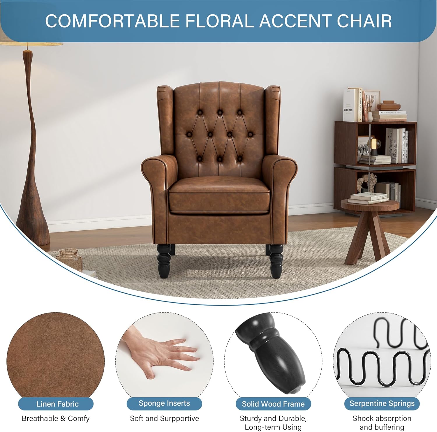 PU Leahter Wingback Accent Chairs Set of 2, High Back Armchair, Brown | Modern Tufted Upholstered Reading Seat with Wooden Legs & Removable Cushion | Comfy Single Sofa for Living Room, Bedroom
