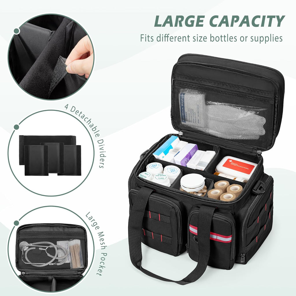 Medicine Organizer Bag with Insulated Pocket for Travel, Pill Bottle Storage Bag with 4 Customized Dividers & Shoulder Strap for Medication, Insulin and First Aid Supplies, Black (Bag ONLY)
