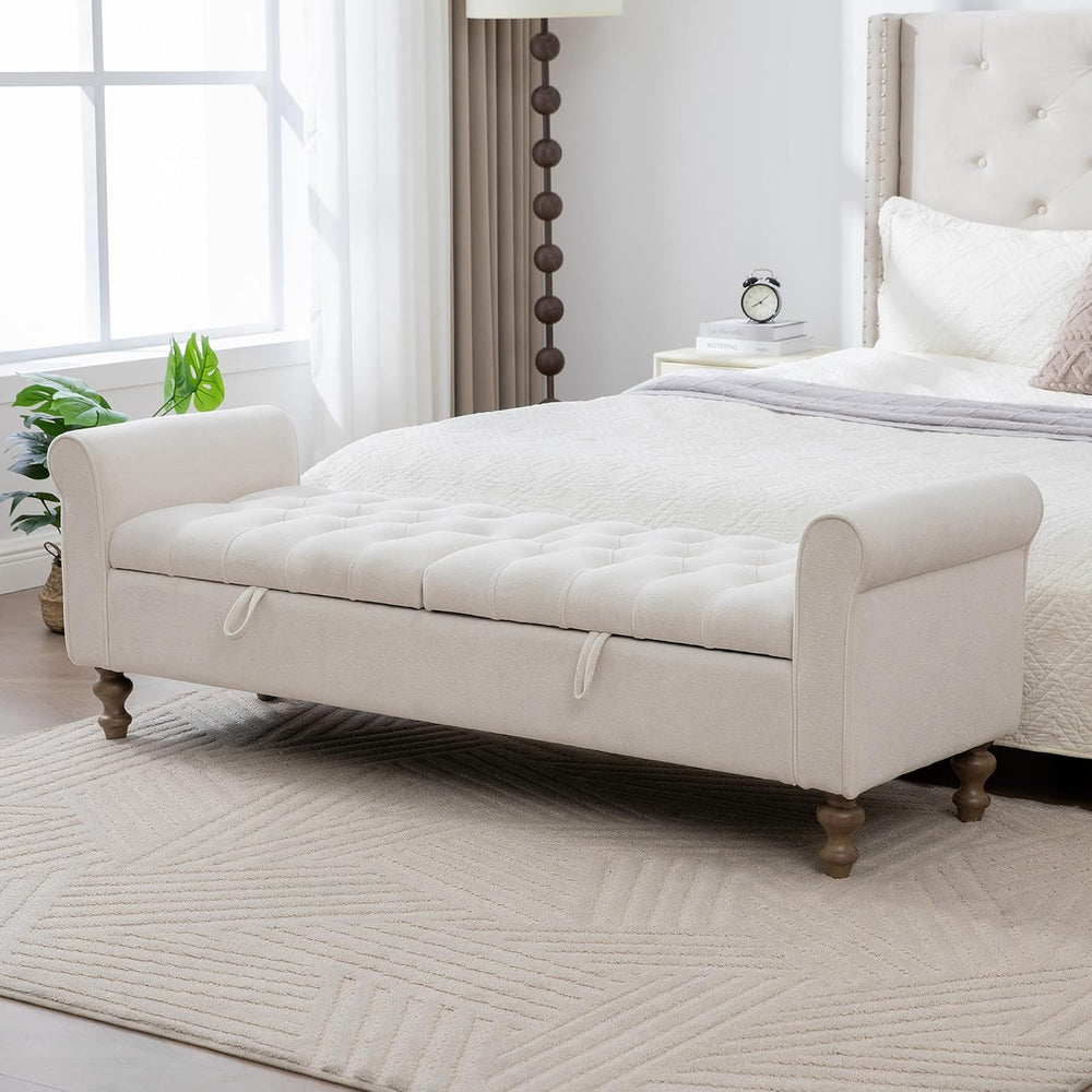 66" End of Bed Storage Bench King Size Beige,Napped Fabric Window Bench ...