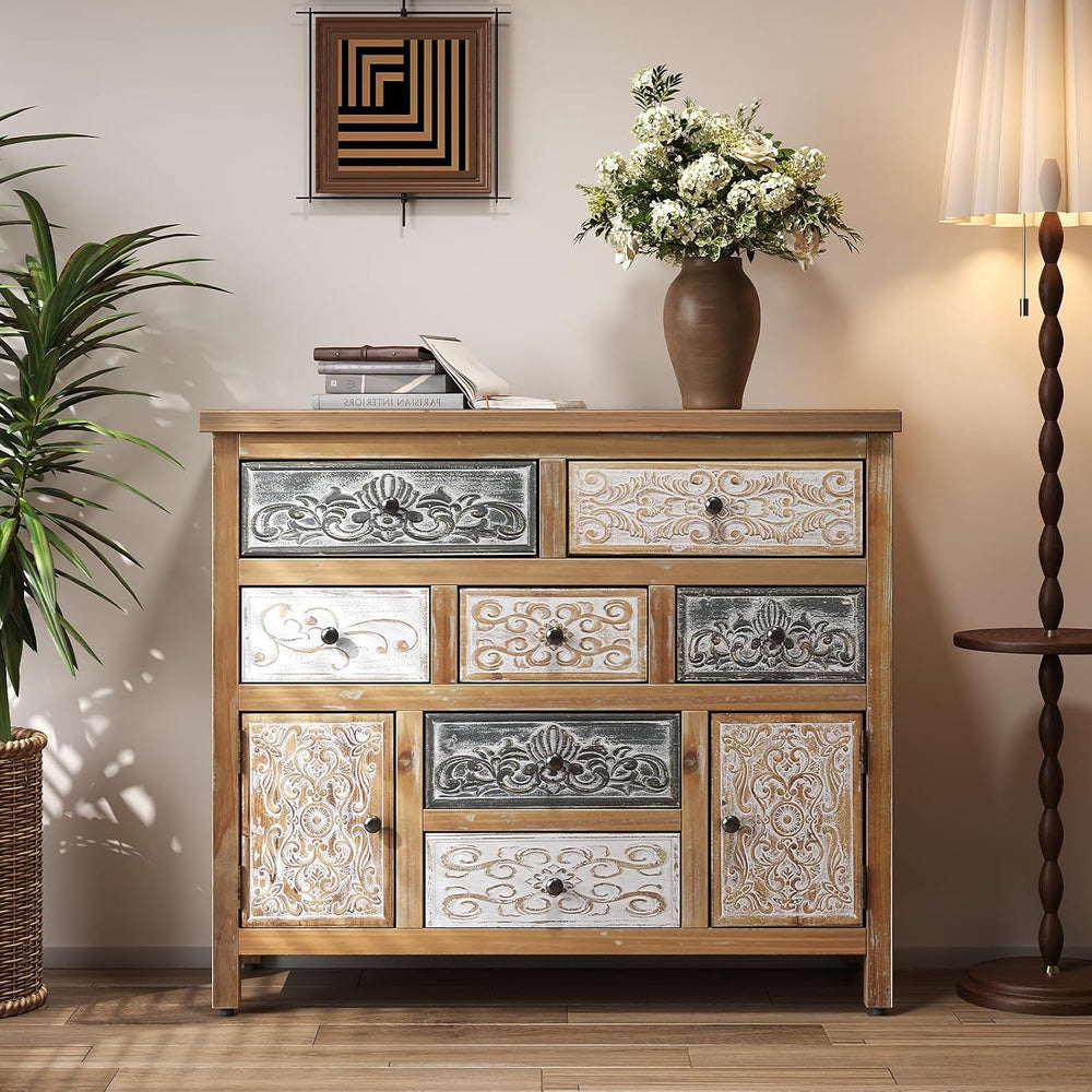 Console Table w Carved Doors and Drawers Sofa Table Wood Sideboard Cabinet wi...