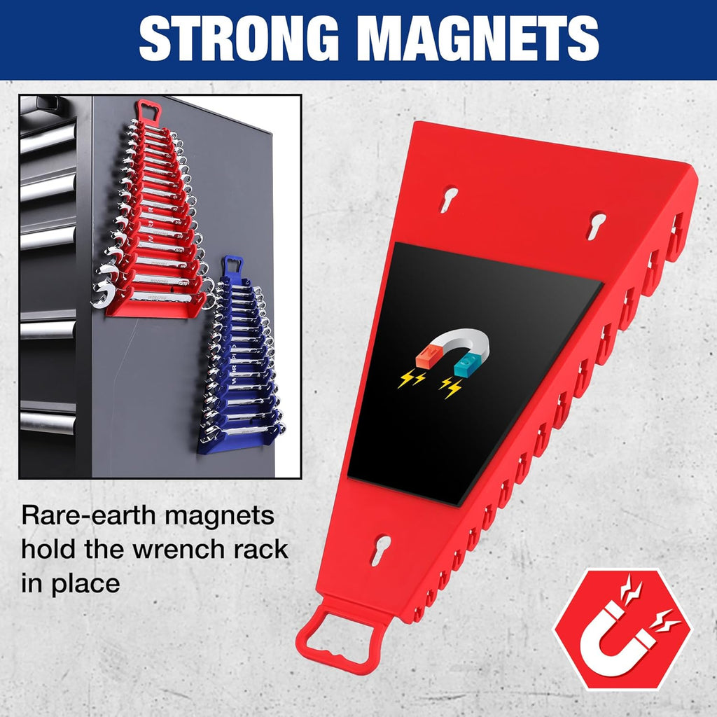 WORKPRO Magnetic Wrench Organizer, 15-Slot Gripper Reverse Wrench Holder for Tool Box, 2-Pack Wrench Rack Fits SAE (1/4” to 1-1/16") and Metric (6mm to 27mm), Flexible Grips, Blue and Red