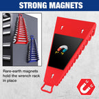 WORKPRO Magnetic Wrench Organizer, 15-Slot Gripper Reverse Wrench Holder for Tool Box, 2-Pack Wrench Rack Fits SAE (1/4” to 1-1/16") and Metric (6mm to 27mm), Flexible Grips, Blue and Red
