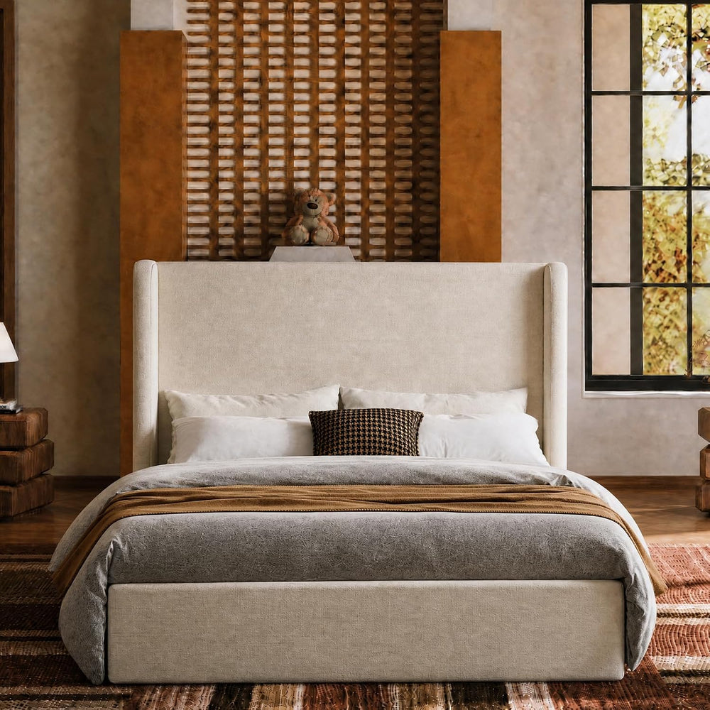 Queen Platform Bed, Tall Wingback Chenille Headboard, Sturdy Wood Slats Silen...
