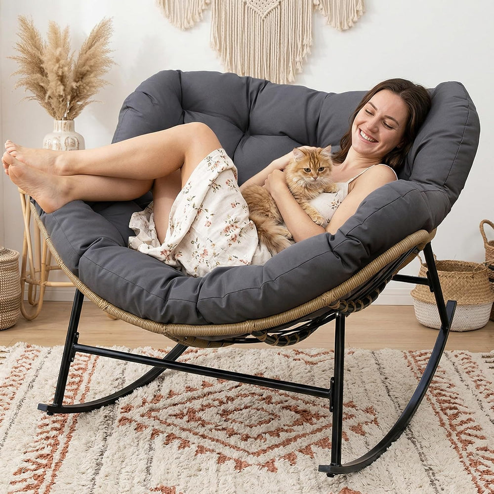RADIATA Outdoor Papasan Rocking Chair with Cushion, Oversized Patio Lounge Ro...